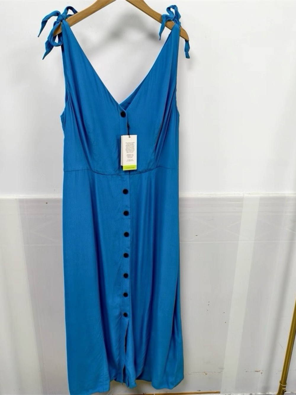 Whistles Blue Button Front Tie Shoulder Midi Dress US 10 NWT